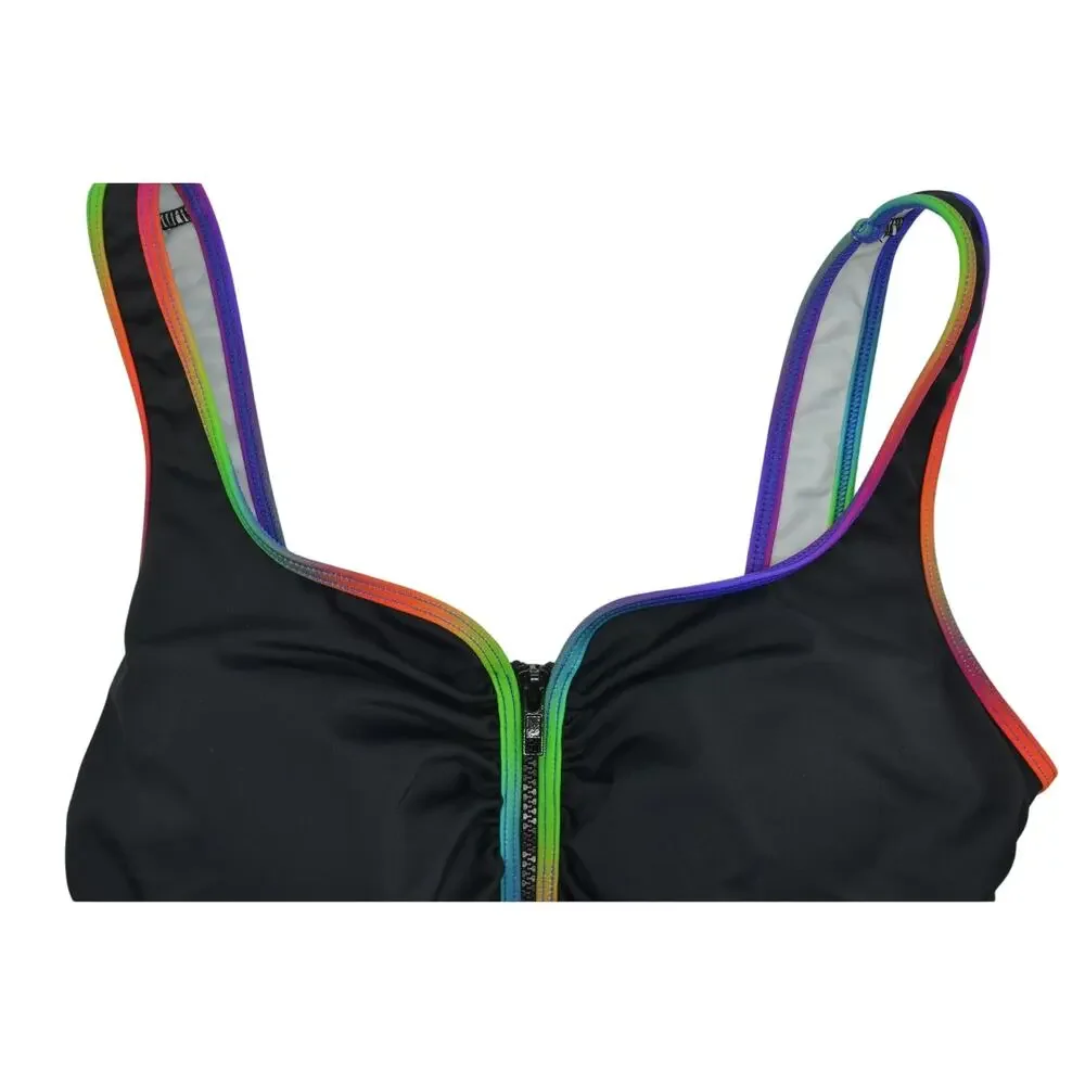 Swim Solutions Women's Shirred Zip-Up One-Piece Swimsuit Black Multi - Picture 2 of 5